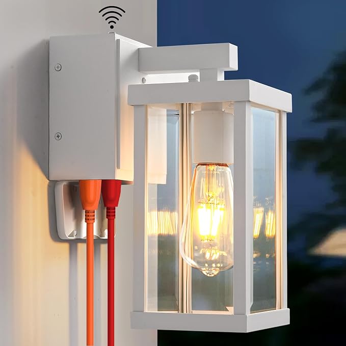 Dusk to Dawn Porch Lights with GFCI Outlets Waterproof Outdoor Wall Lights Exterior Lighting Fixtures Modern Outside Lights Wall Mount for House Patio Garage,White,11.8''H,1PC