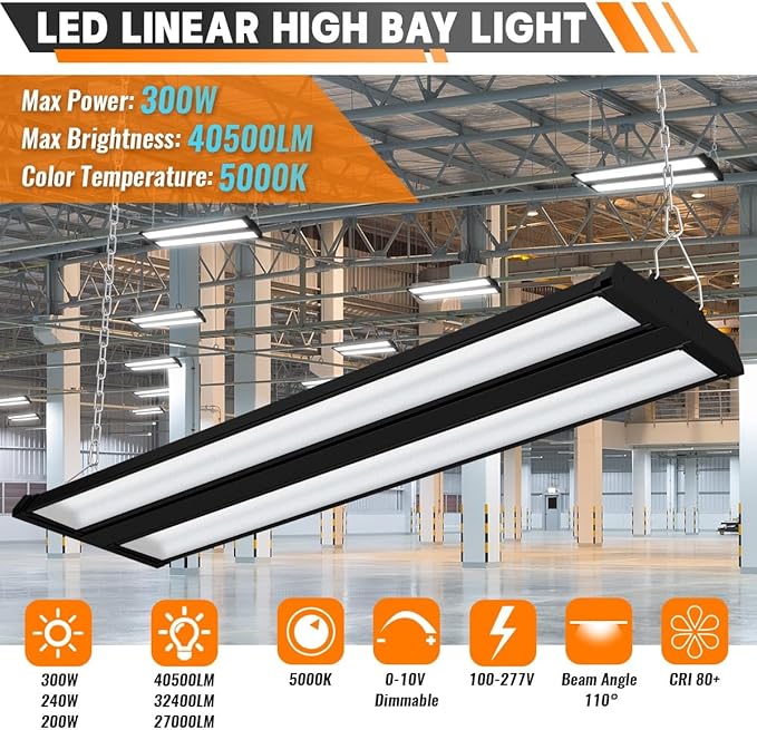 Allsmartlife LED Linear High Bay Shop Light 2-Pack, 5000K Daylight 300W 40500LM 0-10V Dimmable Adjustable Tilt Hanging LED Shop Lighting Fixtures for Garage Warehouse Workshop, ETL