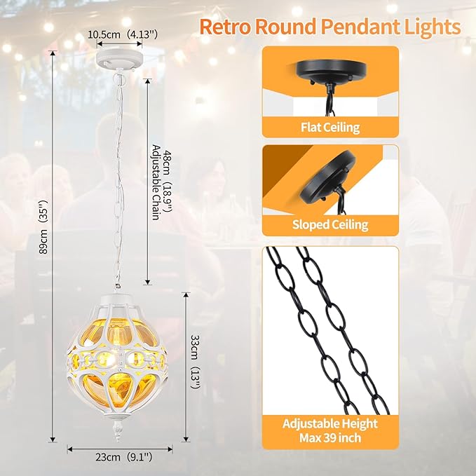 Globe Outdoor Pendant Lights,Vintage Exterior Hanging Pendant Light Fixtures with Adjustable Chain, Aluminum White Outdoor Chandelier for Porch, Gazebo, Entryway,No Sensor,Large