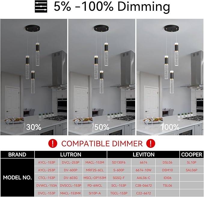 3-Light Pendant Lights Kitchen Island, Dimmable LED Pendant Light Fixtures, Black Gold Pendant Light Modern with Bubble Crystal Pendant Light, Pendant Lighting for Kitchen Island Dining Room