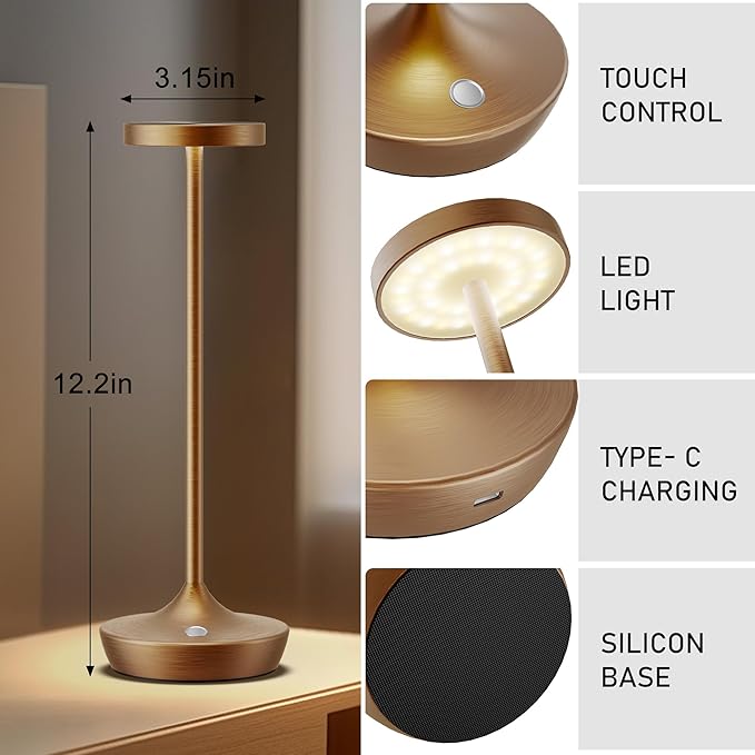 YHT Cordless Rechargeable Table Lamp - 6000mAh Outdoor LED Battery Operated Table Light - Portable Waterproof Dimmable Table Lamps for Restaurant Dining Bedroom Bars Home Patio (Brown 2P)