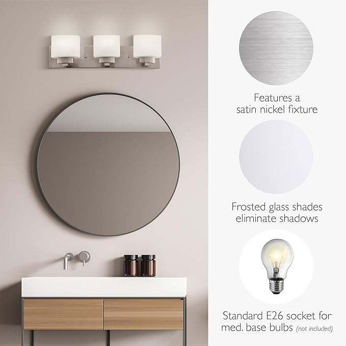 Design House Dove Creek Vanity Light, Dimmable, Frosted Glass, 3 Lights, Bathroom, Satin Nickel, 24 in x 6 in x 6.5 in, Item 578005