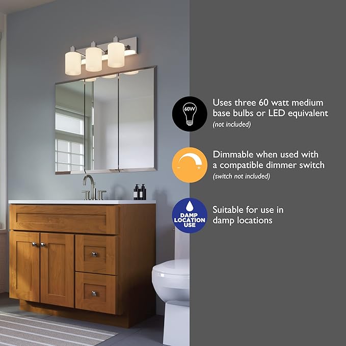 Design House Dane 3-Light Vanity Light, Polished Chrome Finish, Frosted Glass Shades, Dimmable, Bathroom Wall Fixture – Design House, 587478