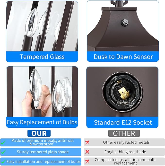 15.5'' Large Outdoor Pendant Light Fixtures 3-Light, Dusk to Dawn Exterior Hanging Lantern Porch Light Adjustable, Brown Hanging Lamp Farmhouse Exterior Chandelier Ceiling Mount for Entrance Patio
