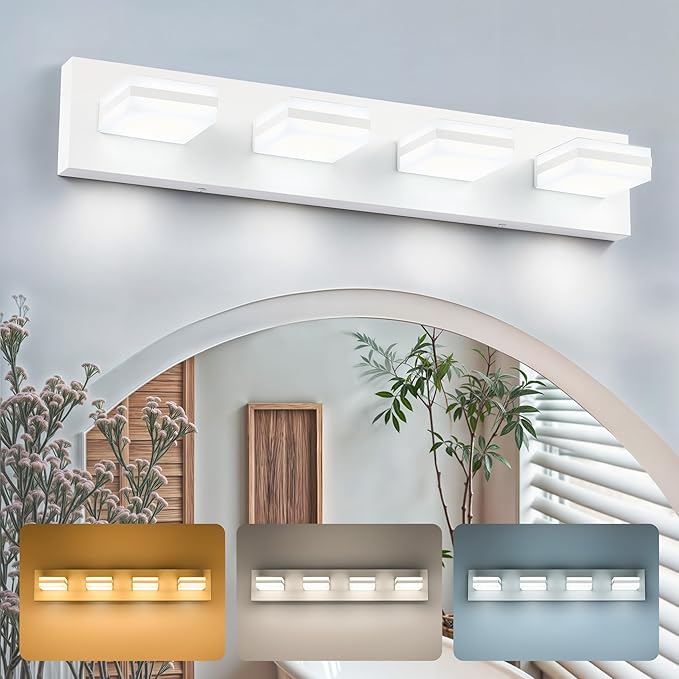 VONLUCE Bathroom Vanity Light Fixture, 4-Light Modern LED Vanity Light, 3CCT Adjustable Bathroom Lights with Memory Function Rotatable Shades, 26" Wall Lighting Fixture Over Mirror, Matte White