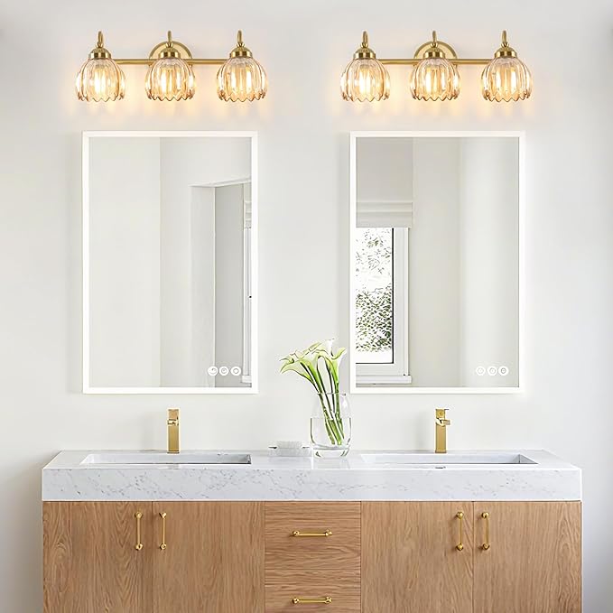 Vintage Bathroom Light Fixtures, Brass Vanity Lights with Amber Tulip Glass Shade, Vanity Sconces for Bathroom Bedroom Living Room Hallway, 3-Light