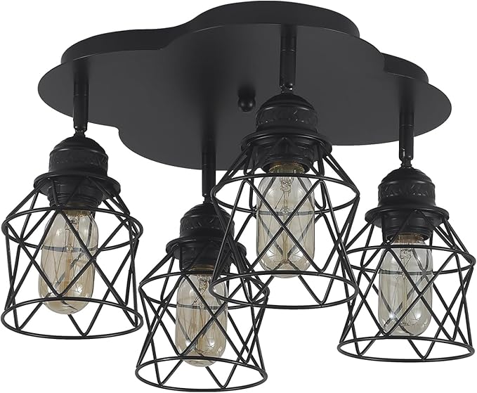 4-Lights Kitchen Light Fixtures Ceiling Mount, Adjustable Multi-Directional Black Flush Mount Ceiling Light Fixture, Vintage Metal Cage Farmhouse Lamp for Hallway, Dining Room, Farmhouse, Entryway