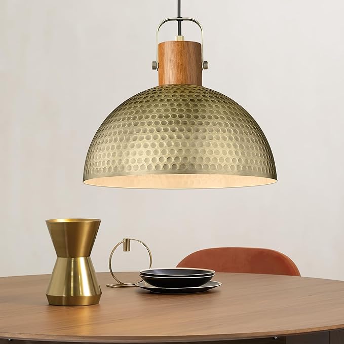ELYONA 16 Inch Large Hammered Pendant Light Fixtures Ash Wood Vintage Dome Hanging Lamp Antique Gold Metal Kitchen Chandelier for Island, Farmhouse Dining Room Living Room Hallway Brushed Brass