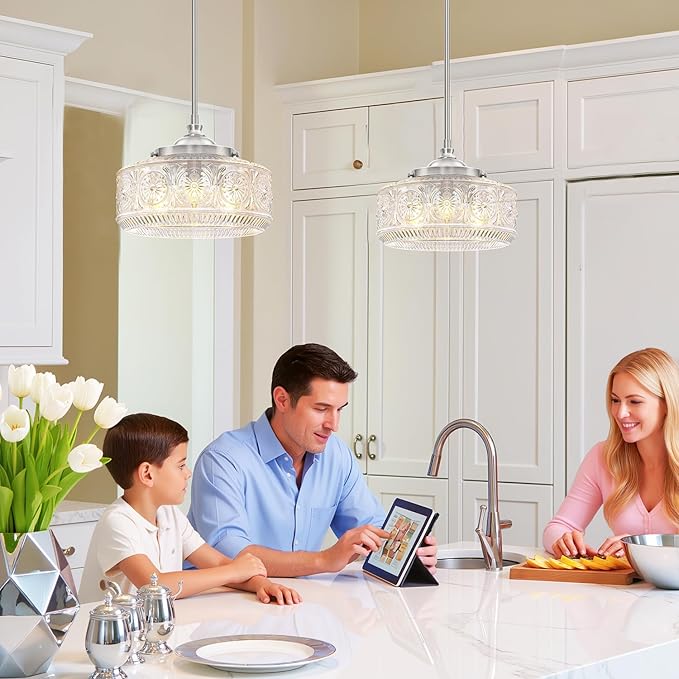 Vintage 3 Lights Drum Pendant Lights Kitchen Island with Etched Glass Shade, Adjustable Height Brushed Nickel Pendant Light for Kitchen Island, Dining Room,Bedroom,Hallway, E12 Base,Bulbs Not Included