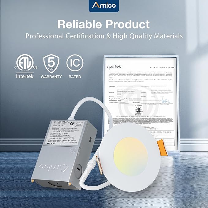 Amico 36 Pack 3 Inch 5CCT Ultra-Thin LED Recessed Ceiling Light with Junction Box, 2700K/3000K/3500K/4000K/5000K Selectable, 7W Eqv 60W, Dimmable Canless Wafer Downlight, 500LM High Brightness -ETL
