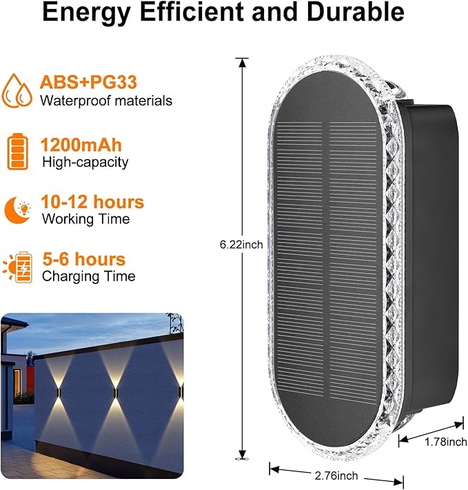 Ellasay 8 Pack Fence Lights Solar Powered: Up and Down Focus LED Solar Wall Lights Outdoor - IP67 Waterproof Solar Lights for Outside Backyard/Porch/Railing - 3 Color Modes