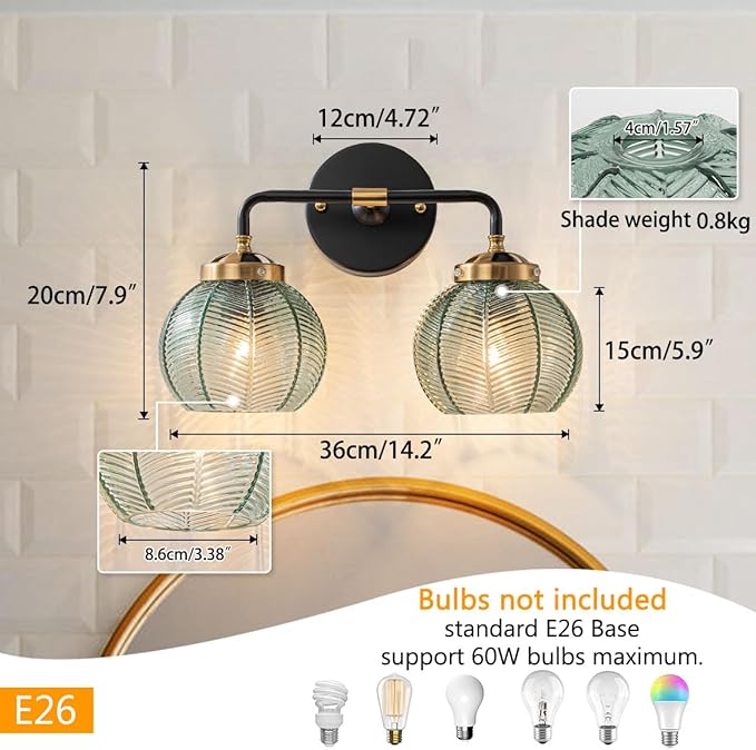 Mid Century Vanity Light Black Bathroom Wall Light Fixtures Green Glass Wall Sconce lamp Ribbed Glass Shade Modern Art Deco Vanity Lights for Over Mirror Bedroom Hallway 2 Lights