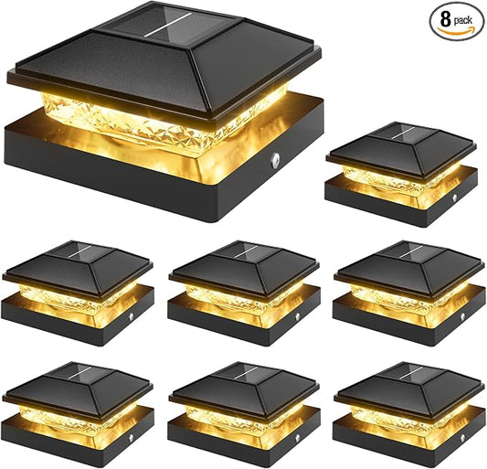 VOLISUN 4x4 Solar Fence - Post Cap Lights 8pack Outdoor Waterproof, Black Deck Post Cap Light with Warm White,for 4x4 Wooden/4x4 Vinyl