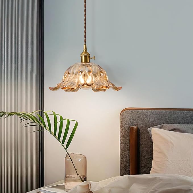Amber Glass Pendant Light Fixtures,Vintage/Antique Champagne Gold Pendant Lights Kitchen Island Over Sink/Table,Orange Pendant Glass Chandelier for Bedroom Hotel Dining Room Hanging Down
