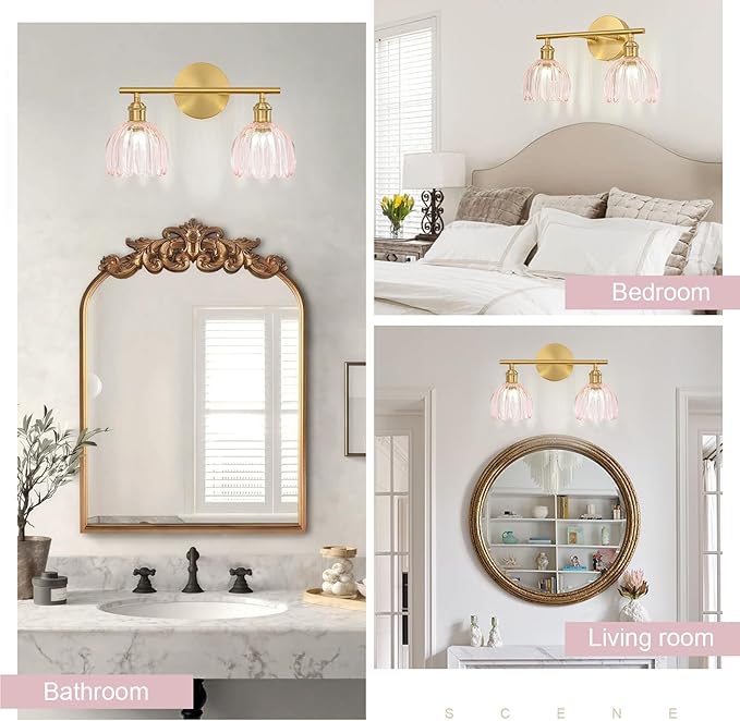 Gold Bathroom Light Fixtures Over Mirror, 2 Light Bathroom Vanity Light Fixture with Tulip Pink Glass Lampshade, Vintage Vanity Lights for Bathroom, Bathroom Vanity Lights Over Mirror