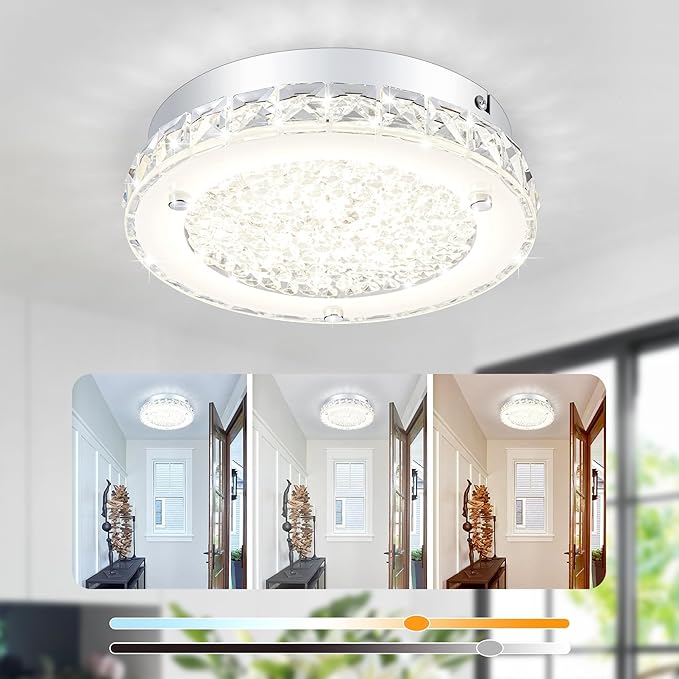 Crystal Ceiling Light Fixture Flush Mount LED Modern Ceiling Light 8.3 Inch Dimmable Crystal Chandeliers for Bedroom, Kitchen, Bathroom, Hallway, Entryway, Dining Room, Foyer, 1320 Lumen, 12W