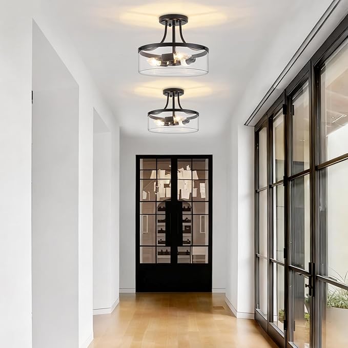 11.81" Black Semi Flush Mount Ceiling Light Modern Glass Light Fixture Industrial Hallway Lights 3-Light Close to Ceiling Light Fixtures for Entryway Bedroom Kitchen Dining Room Laundry Room Lighting