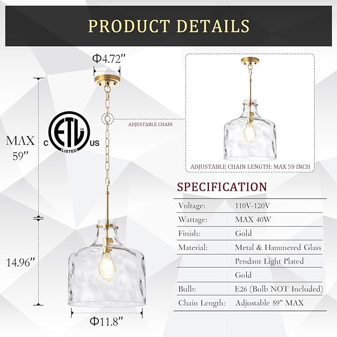 CATINER 16" Extra Large Farmhouse Pendant Light – Hand-Blown Hammered Glass Shade, Gold Finish, Adjustable Chain Ceiling Light for Kitchen Island, Dining Room, Hallway