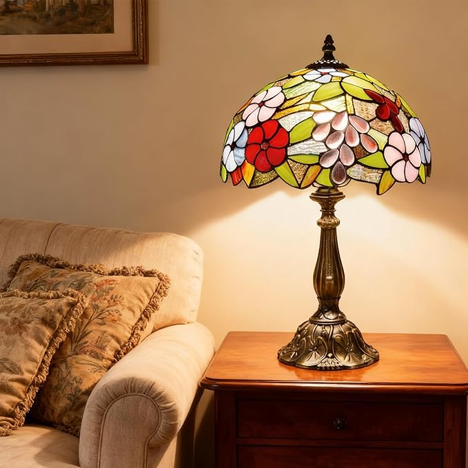 Tiffany Style Green Stained Glass Table Lamp, Purple Grape Colorful Blossom Desk Light with Antique Bronze Resin Base, Decorative Lighting for Bedroom, Living Room, Office 12X12X19 Inch