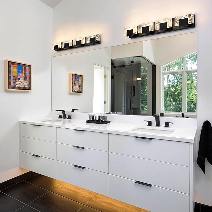 LED Bathroom Vanity Light: 32in Matte Black Acrylic Modern Lighting Fixtures - 4-Light Contemporary Smoke Design Wall Lights Fixture Over Mirror 3000K
