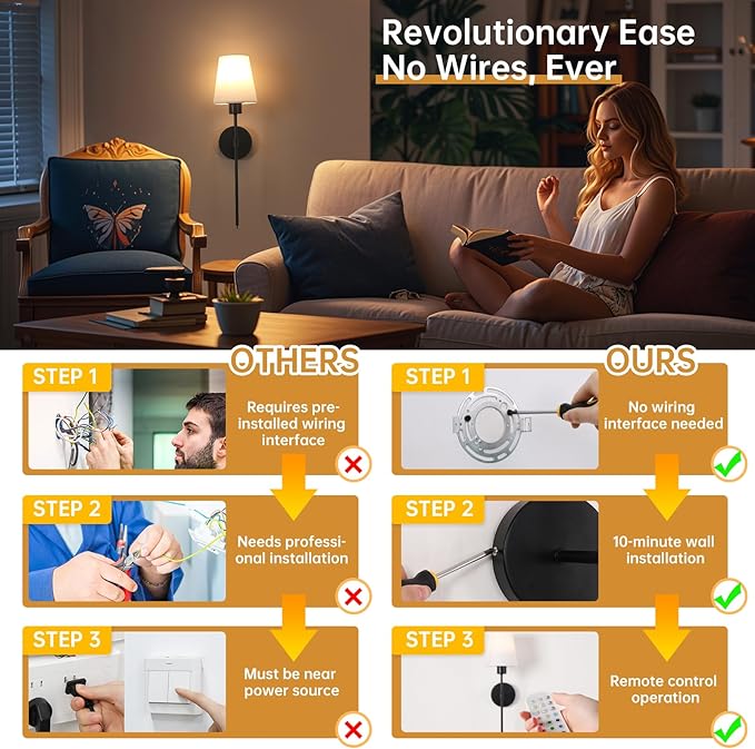 Shenmoyl Battery Operated Wall Sconce, 120H Usage Time 22.6" Rechargeable Wall Light with Dimmable Bulb, 12 Colors Wall Sconce for Bedroom Living Room, Black