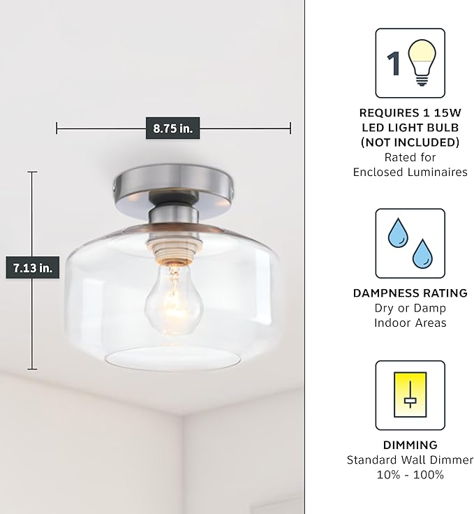 Designers Fountain Semi Flush Mount Ceiling Light, 8.75 Inch Clear Glass Lighting Fixture for Kitchen, Bedroom, Bathroom, and Hallway, Brushed Nickel, D335M-SF-BN