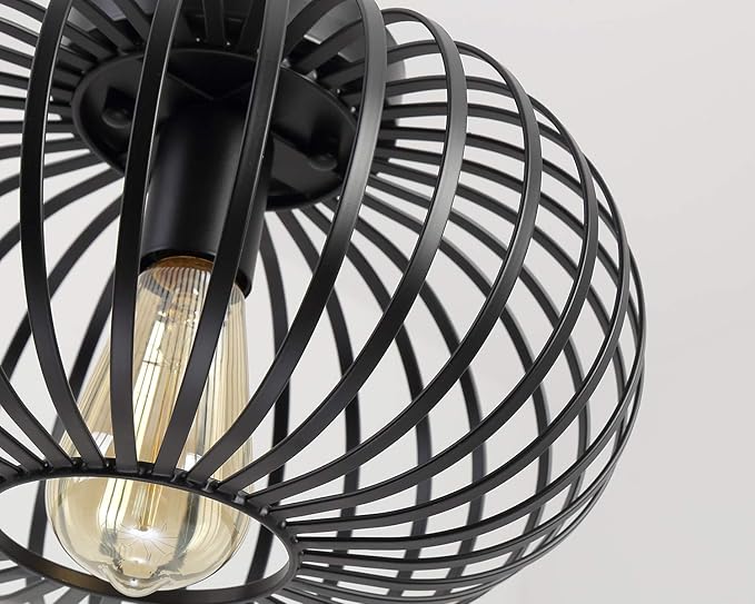 Fivess Lighting Modern Black Flush Mount Light Fixture Industrial Metal Cage Semi Flush Mount Ceiling Light for Hallway Living Room Kitchen Entryway Farmhouse