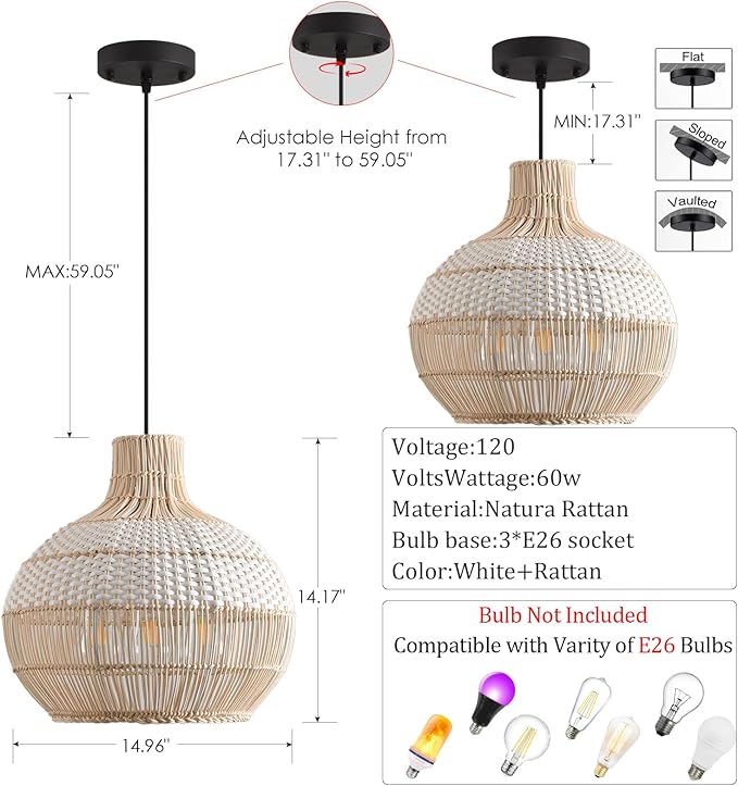 3-Light Rattan Pendant Light Fixture, 15" Hand-Woven White Wicker Basket Chandelier Boho Faux Rattan Hanging Lamp,for Dining Living Bedroom Kitchen