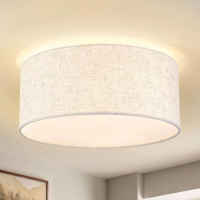 13 Inch Flush Mount Ceiling Light, 3-Light Modern Fabric Linen Drum Shade for Kitchen, Bedroom, Dining Room, Hallway and Entryway