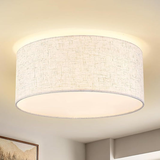 13 Inch Flush Mount Ceiling Light, 3-Light Modern Fabric Linen Drum Shade for Kitchen, Bedroom, Dining Room, Hallway and Entryway