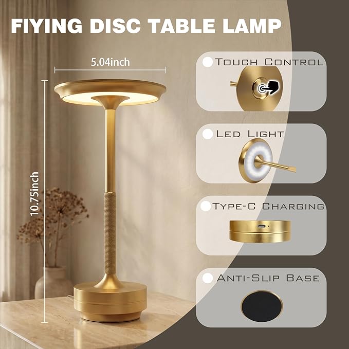 Rechargeable Cordless Table Lamp Set of 2, Portable Battery Operated LED Table Light, 3 Color Stepless Dimming with Touch Sensor & Memory Function for Outdoor Patio Restaurant Dining Room,Gold