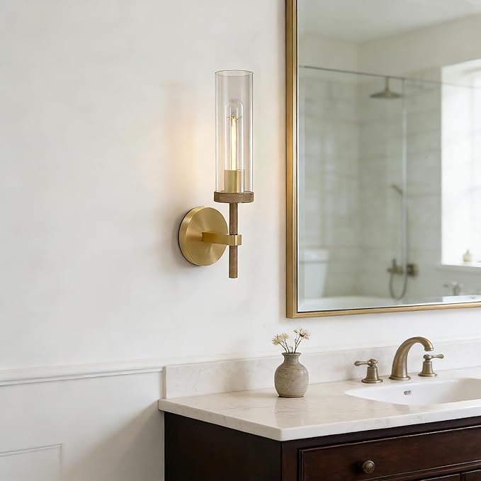 Brass Wall Sconces Lights Indoors, 14" Knurled Linear Sconce, Gold Bathroom Wall Sconces, Glass Tube Vanity Sconces Wall Lighting, Wall Lights for Mirror, Living Room, Bedroom, Hallway