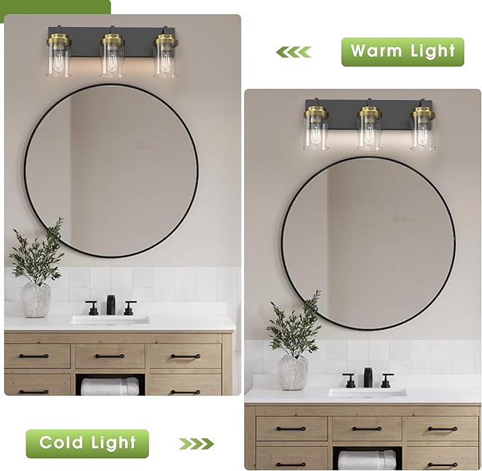 Espird Bathroom Lighting Fixtures, 3-Light Bathroom Vanity Lights Over Mirror, Black and Gold Vanity Light with Glass Shade, Modern Vanity Lighting Fixtures for Bathroom, Bedroom, Hallway