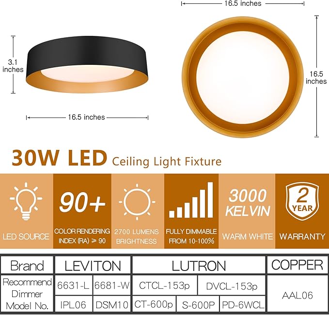 Bargeni 16.5 Inch LED Ceiling Light Fixture, Dimmable Flush Mount Matte Black With Gold Inside, 3000K/Warm White/30W, Modern Light Fixtures Mount for Bedroom, Outdoor, Foyer