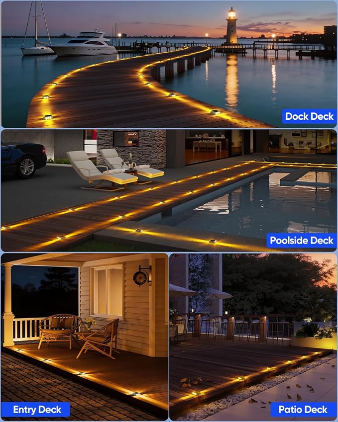 DetarZinLED Solar Deck Lights Outdoor, 12 Pack Warm Driveway Lights Solar Powered, IP68 Waterproof Stick on & Screw Dock Light for Pathway, Walkway, Sidewalk, Patio, Pool Deck, Garden, Step