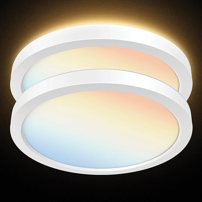 PARMIDA (2 Pack) LED Flush Mount Ceiling Light Fixture with Night Light, 12 Inch, 30W, ETL, 5 Color Selectable, 2400LM, Dimmable Ultra Thin Round Modern Low Profile, for Bedroom, Living Room - White