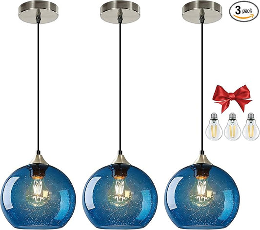 7.1in Medium Blue Glass Pendant Light for Kitchen Island, 3-Pack with Extra LED Bulbs & 4.92ft Adjustable Cord | Modern Minimalist Lighting for Dining Room, Living Room, Entryway