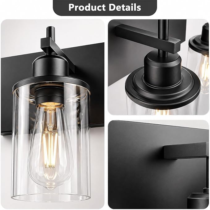 Lanhall 4-Light Black Bathroom Light Fixture Over Mirror Modern Farmhouse Bathroom Vanity Light Vintage Wall Lighting with Clear Glass Shade for Bathroom, Bedroom, Hallway, Cabinet