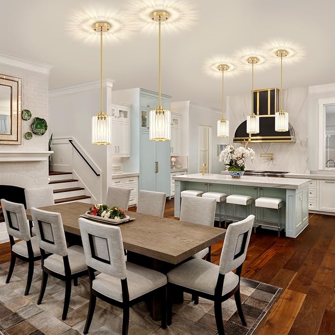Modern Crystal Pendant Lights Kitchen Island, Brushed Brass Pendant Lighting Over Island Kitchen Hanging Light Fixtures Adjustable Mini Pendant Light for Dining Room Bathroom Entryway Hallway Foyer