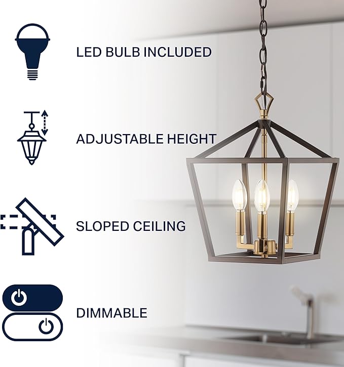 JONATHAN Y 10" Oil Rubbed Bronze/Brass Gold 3-Light Pagoda LED Pendant Lantern, Classic Modern Farmhouse Chandelier for Kitchen Island, Dining Room, Entry, Foyer, Rustic Iron Frame (JYL7601D)