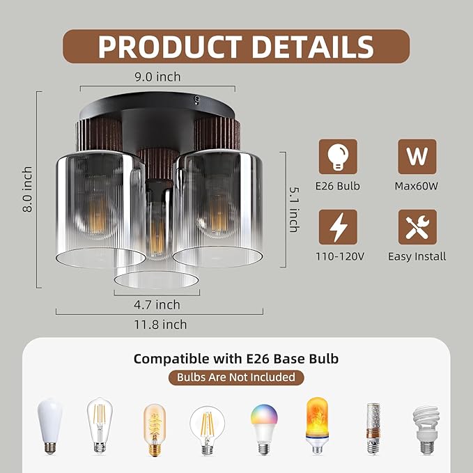 3-Lights Semi Flush Mount Ceiling Light Fixture, Matte Black Modern Close to Ceiling Light for Kitchen, Foyer, Entryway, Hallway, Dining Room, Gray Gradient Glass Shade with Walnut Wood