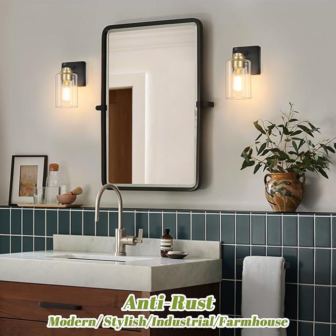 Set of 2 Wall Sconces for Bathroom, Modern Vanity Light Fixtures, Black and Gold Wall Mount Lighting Lanterns, Farmhouse Wall Lights with Clear Glass Shade for Bedroom Living Room Mirror Hallway