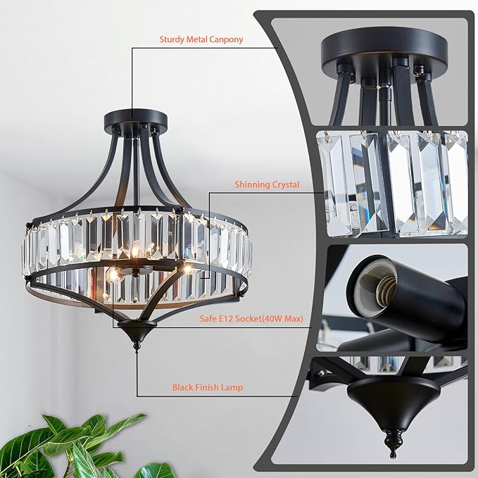 Black Crystal Chandelier Semi Flush Mount Ceiling Light Fixture Round Rustic Farmhouse 4-Light Mid Century Modern Chandelier for Hallway, Bedroom, Foyer, Entryway, Closet
