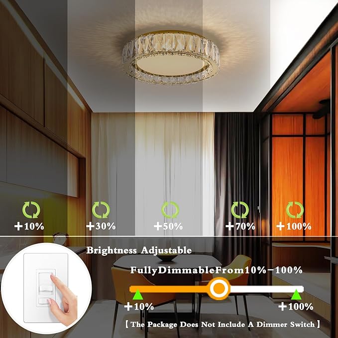 Crystal Dimmable Flush Mount Ceiling Light, Gold Modern LED Close to Ceiling Light Fixture with 5CCT 2700K-6000K, Round Kitchen Lighting for Bedroom Laundry Room, Hallway, Living room (15in 36W)