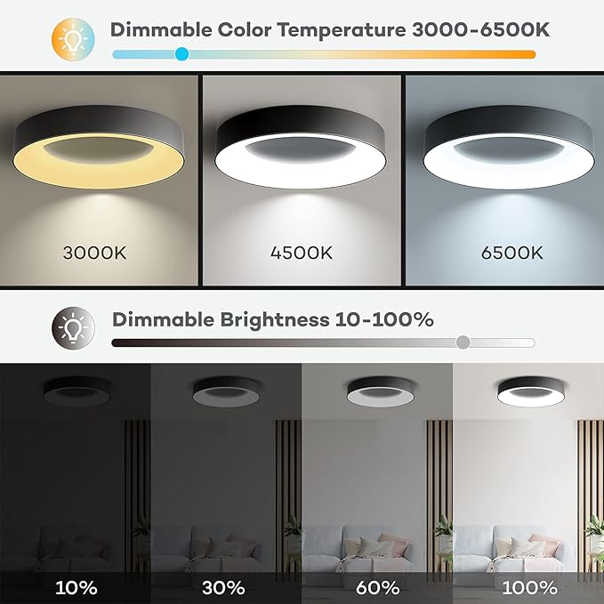 Annaror RGB Led Flush Mount Ceiling Light with Remote Control, 11 Inch 24W Black Ceiling Light Fixture, 3000K-6500K Light Color Changeable, Modern Ceiling Lights for Bedroom Kids Room