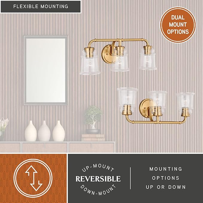 VAXCEL Toledo 3-Light 22 inch Wide Natural Brass Gold Industrial Bathroom Vanity Lighting Fixture, Clear Glass Shade, Dimmable, LED Compatible, Over The Mirror Mounted Steel Wall Sconce