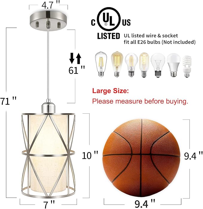 Modern Pendant Lights Kitchen Island - Adjustable Height Brushed Nickel Kitchen Pendant Lights with Linen Shade, UL Certified Pendant Lighting for Dining Room, Entryway