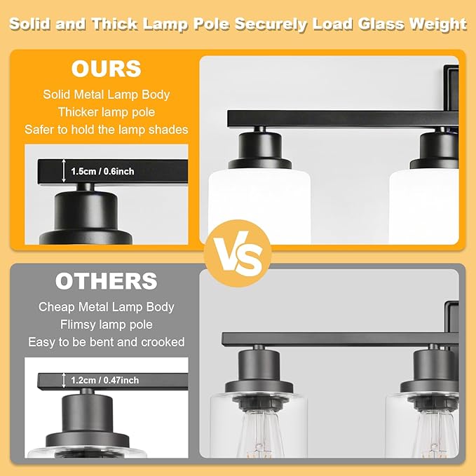 Unicozin 4-Light Bathroom Light Fixtures, Modern Black Vanity Light Over Mirror, Wall Sconces with Milky White Glass Shades for Living Room Bedroom Hallway E26 Base