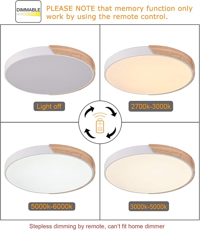 EDISLIVE Modern Minimalist LED Round Shaped Flush Mount Ceiling Light with Remote Control - Dimmable, Wood & Metal & Acrylic, 19 Inch, White