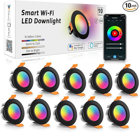 LightingWill 2 Inch Recessed Lighting, Smart WiFi LED Downlight, 5W LED Ceiling Light Compatible with Alexa/Google Assistant, Dimmable RGB & 2700K-6500K, 120V with Driver, Black Trim (10 Pack)